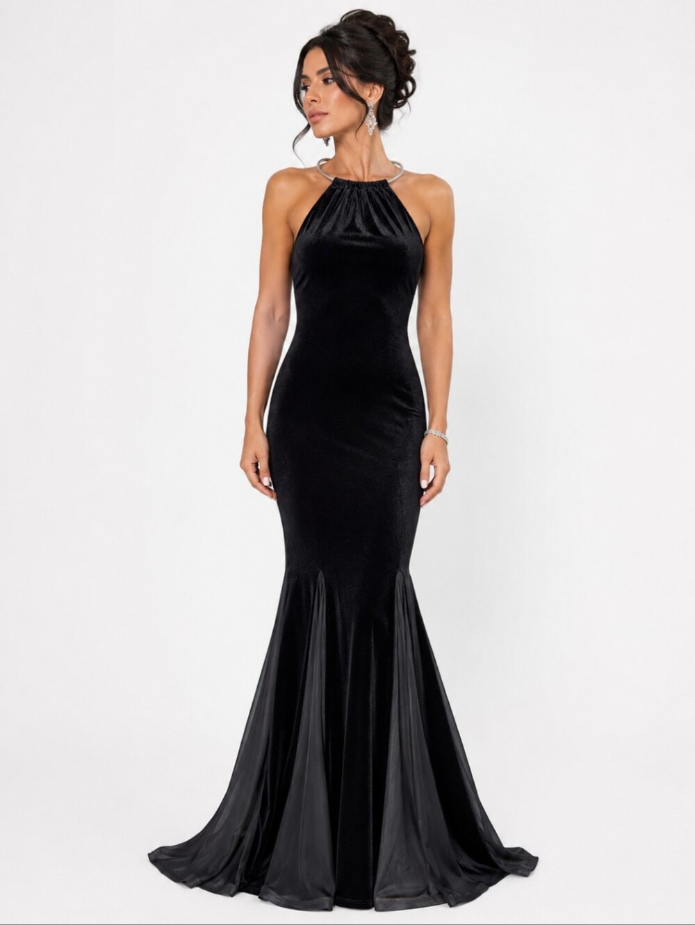 Y2K Jump Black Velvet Halter Silver Necklace glam Siren Sexy Mermaid Gown Sz 4